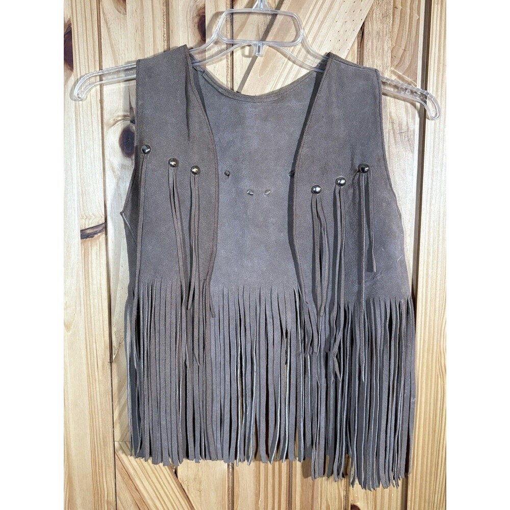 Vintage Brown Suede Leather Fringe Vest Western Festival Boho Hippie 16.5" PTP